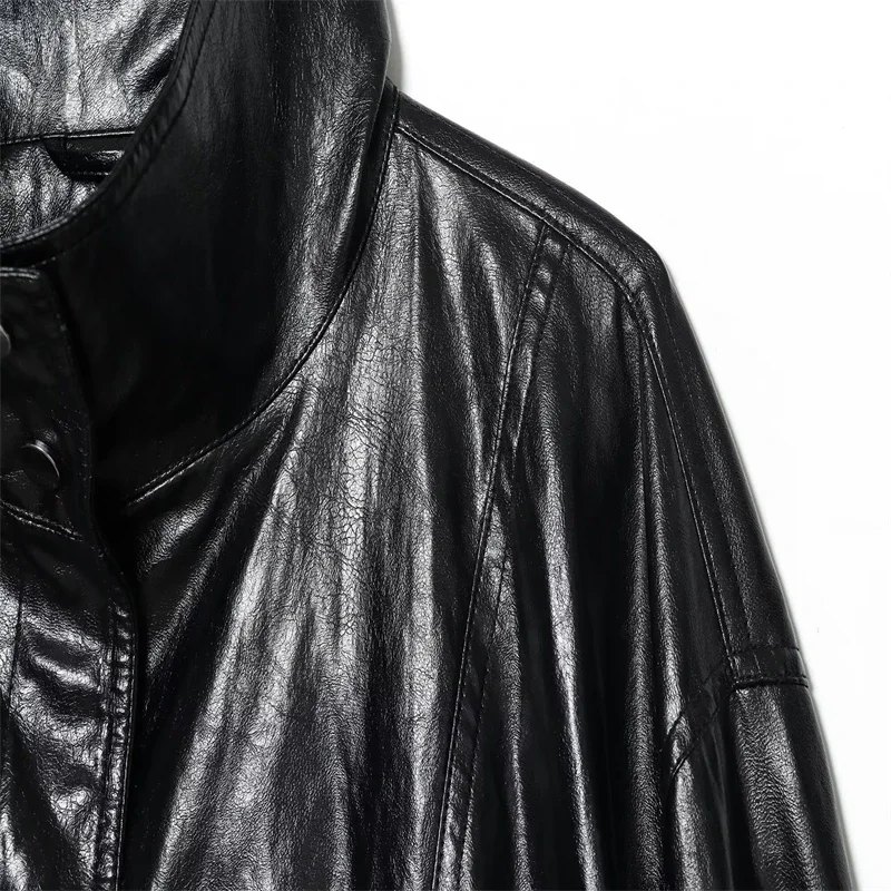 Casaco preto com gola alta com textura de couro retrô e design com zíper jaqueta de couro sintético feminina