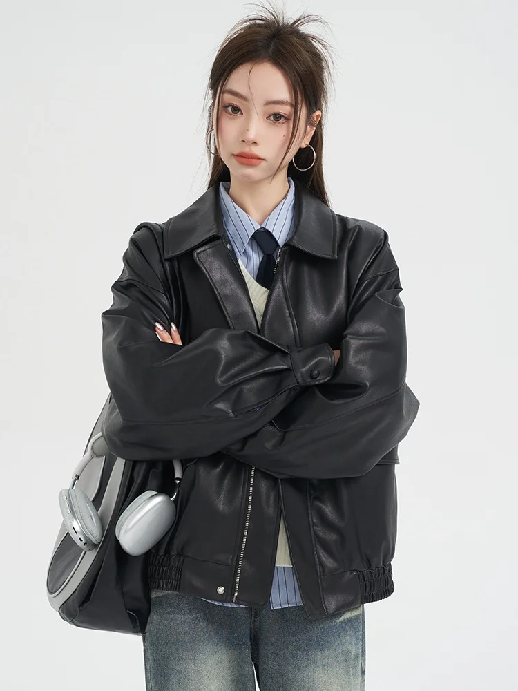 Bla americano sle ort couro jaet feminino início do outono 2025 nova motocicleta quente jaet conjunto topo doce sle longo sve