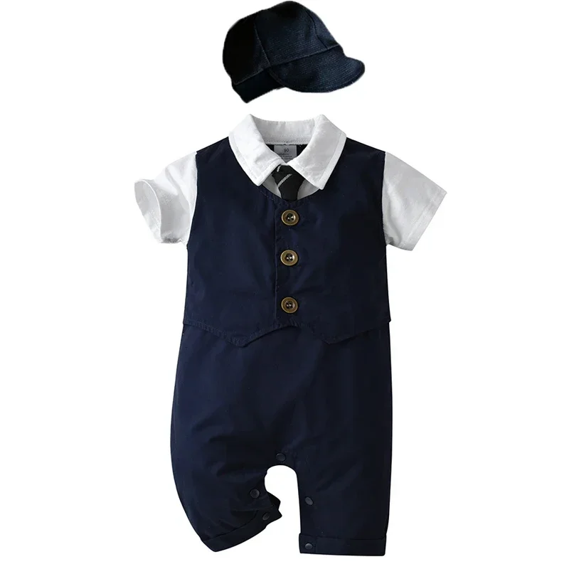 Baby Boy Clothes Roupa Infantil Romper Cotton Gentleman Baptism Rompers + Hat 2pcs Newborn Clothes Set Uniforms Baby Body Suits