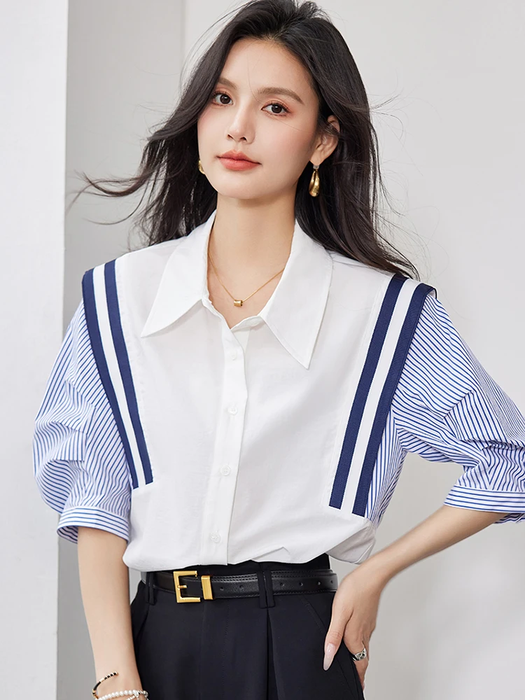 French Elegant Office Lady Shirt Female 2024 Spring Striped Contrasting Color Long-Sleeved Temperament Slim Top Fashion Blouse