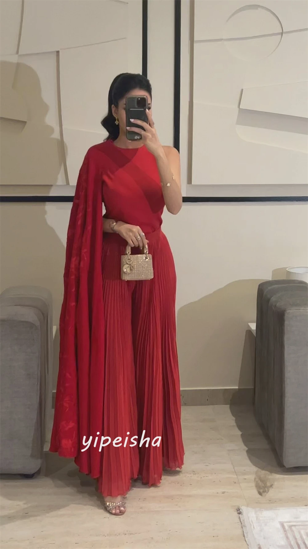 Jiayigong  Satin Draped Applique Wedding Party A-line O-Neck Bespoke Occasion Gown Long Sleeve Dresses