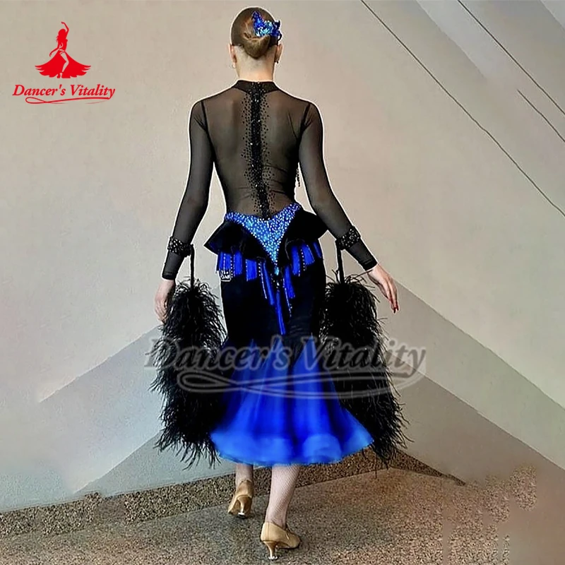 Ballo da sala Blu-nero Fianchi avvolti Lussuosi abiti in pietra AB Donne adulte Valzer Esegui abbigliamento Personalizza la vitalità del ballerino