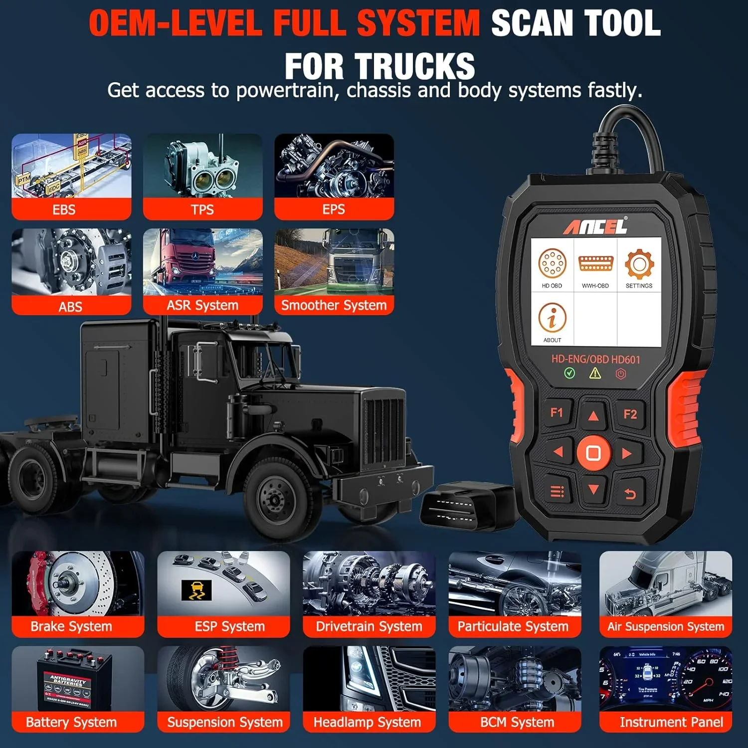 ANCEL HD601 Heavy Duty Truck Scanner All System Car Code Reader 6/9/16 PINS OBD 2 Diesel Diagnostic Scan Tool Free Update