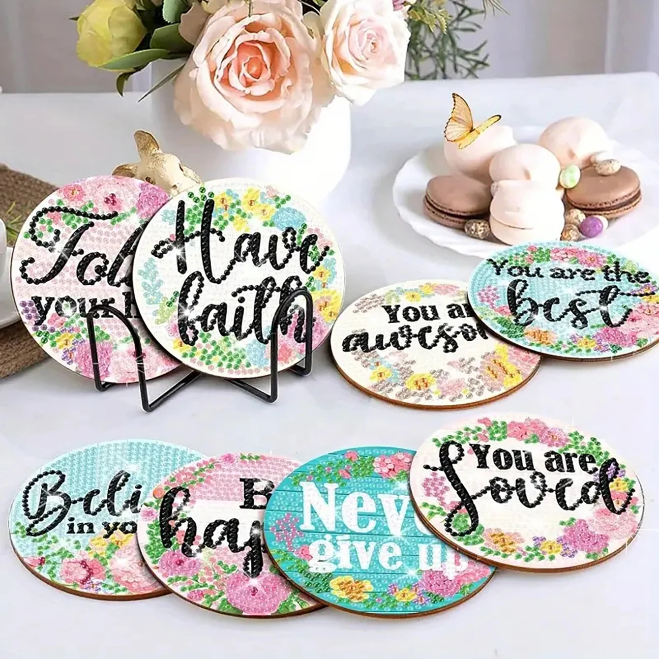 8 pieces/set of DIY coasters with text patterns, diamond paintings, and brackets, suitable for beginners, art and craft gifts