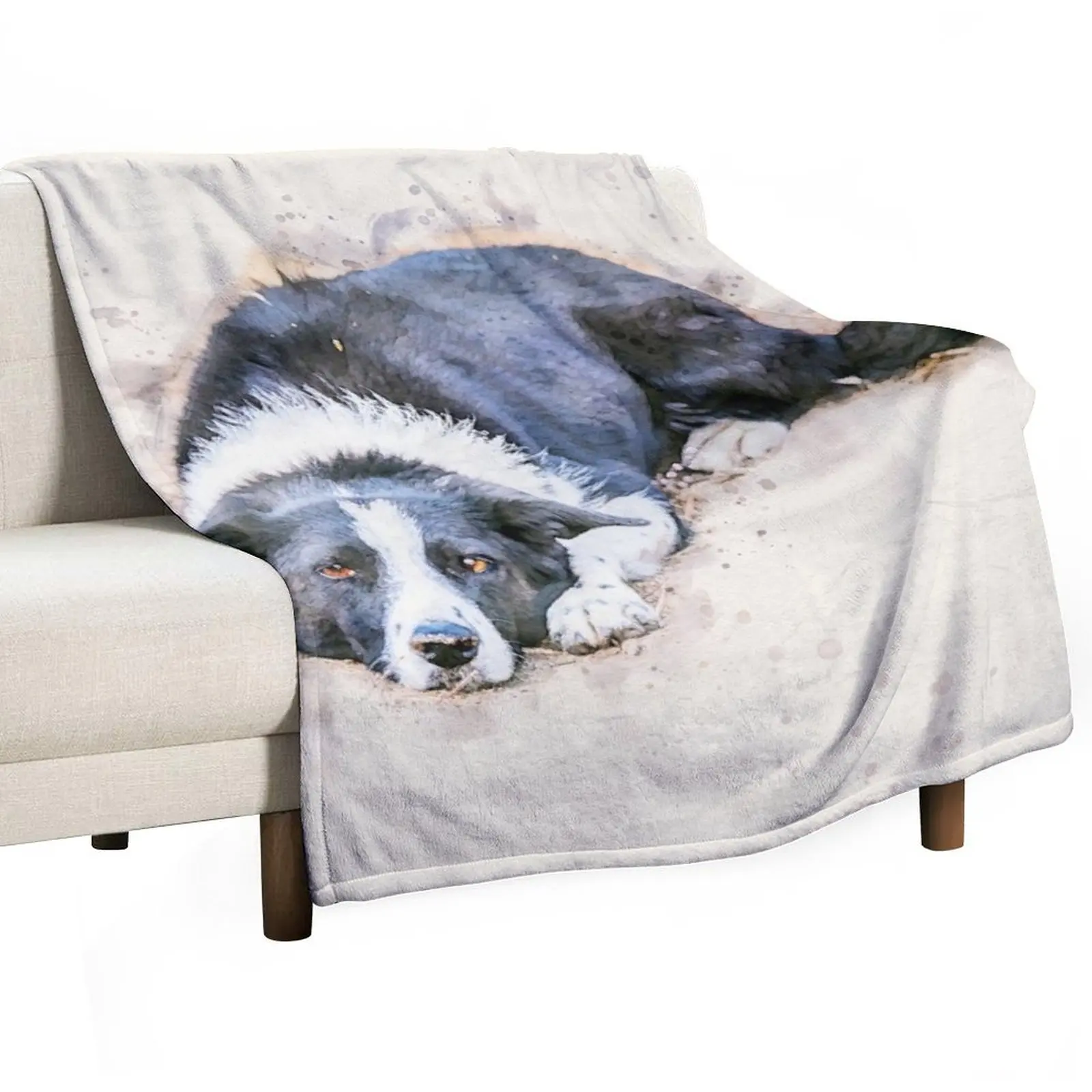 Cute Border Collie Lying on Ground Watercolor Throw Blanket Luxury Throw Moving Hairy Blankets