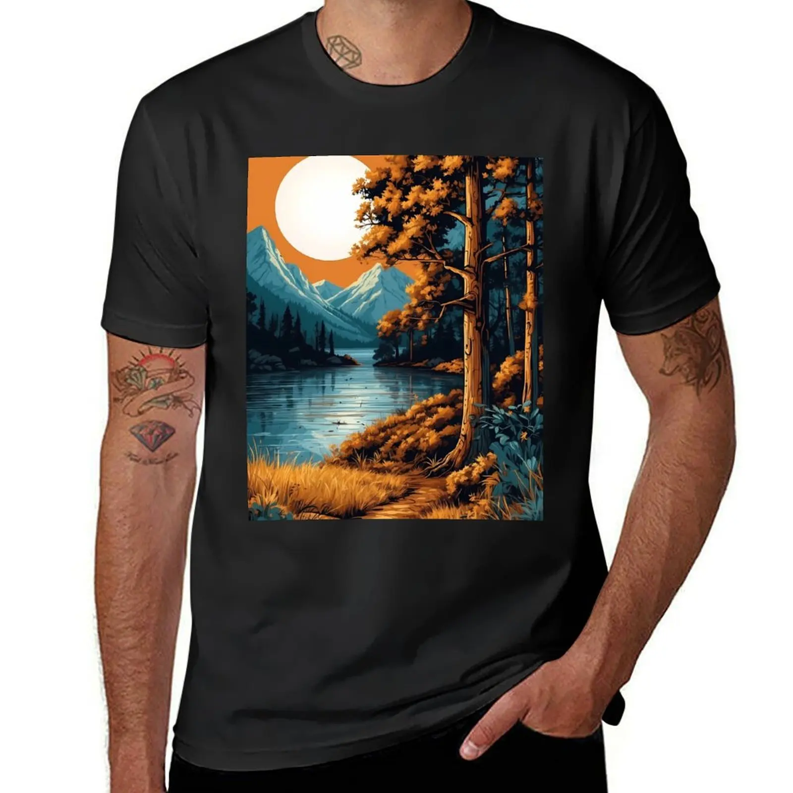 Lunar Glow Over Mountain Lake: A Majestic Nighttime Landscape T-Shirt vintage clothes graphics plain t shirts men