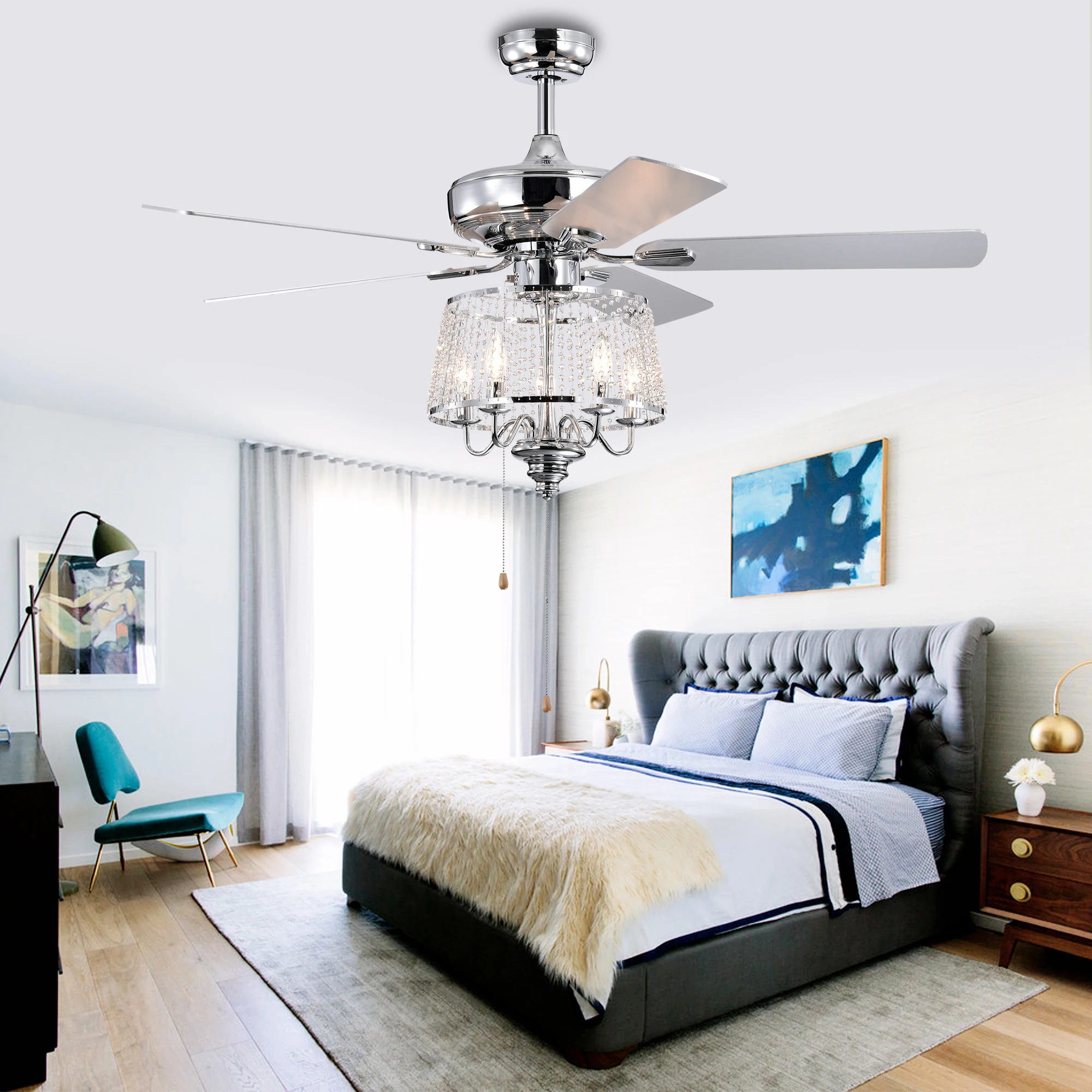 52 Inch Crystal Ceiling Fan , Modern Electrical Fan with 5 Wood Reversible Blades, 4 Bulbs Not Included,Noiseless Reversible AC