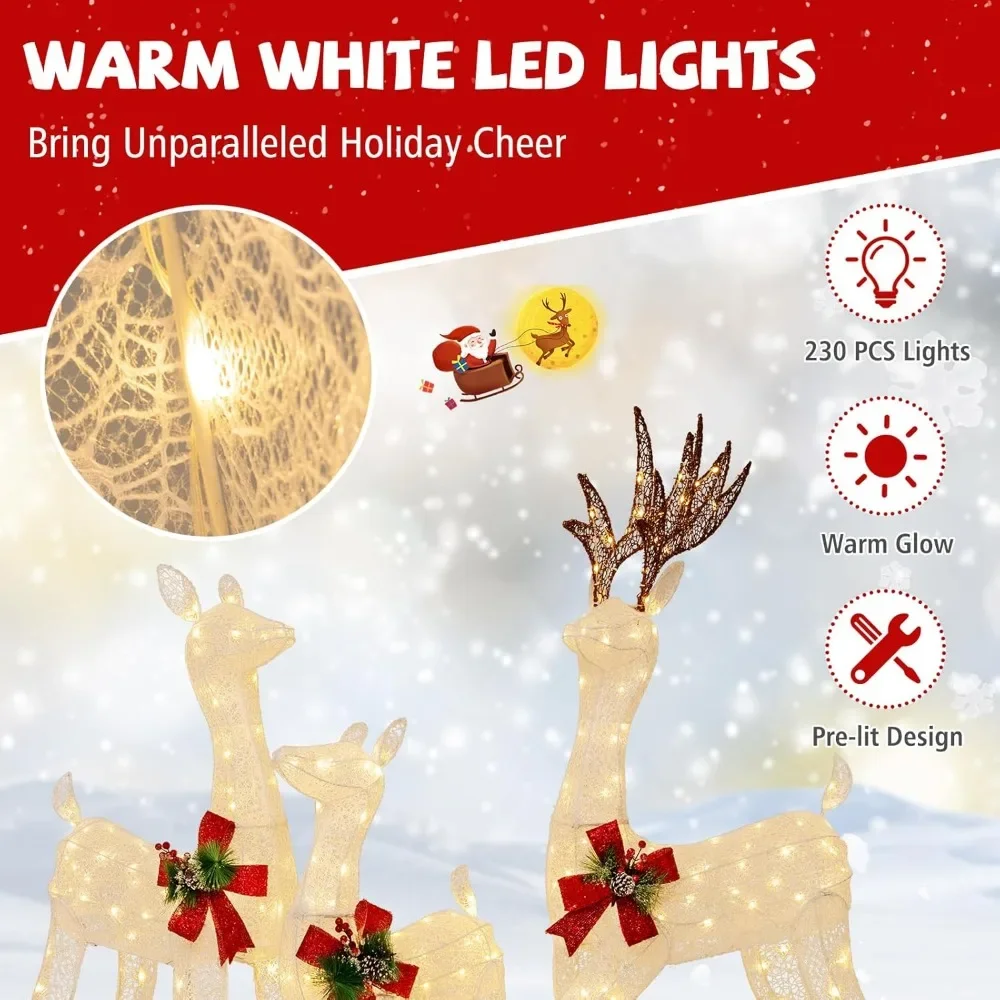 Christmas Reindeer Family Set, Outdoor and Indoor Christmas Deer Decorations, Equipped with LED Lights and Ground Stakes