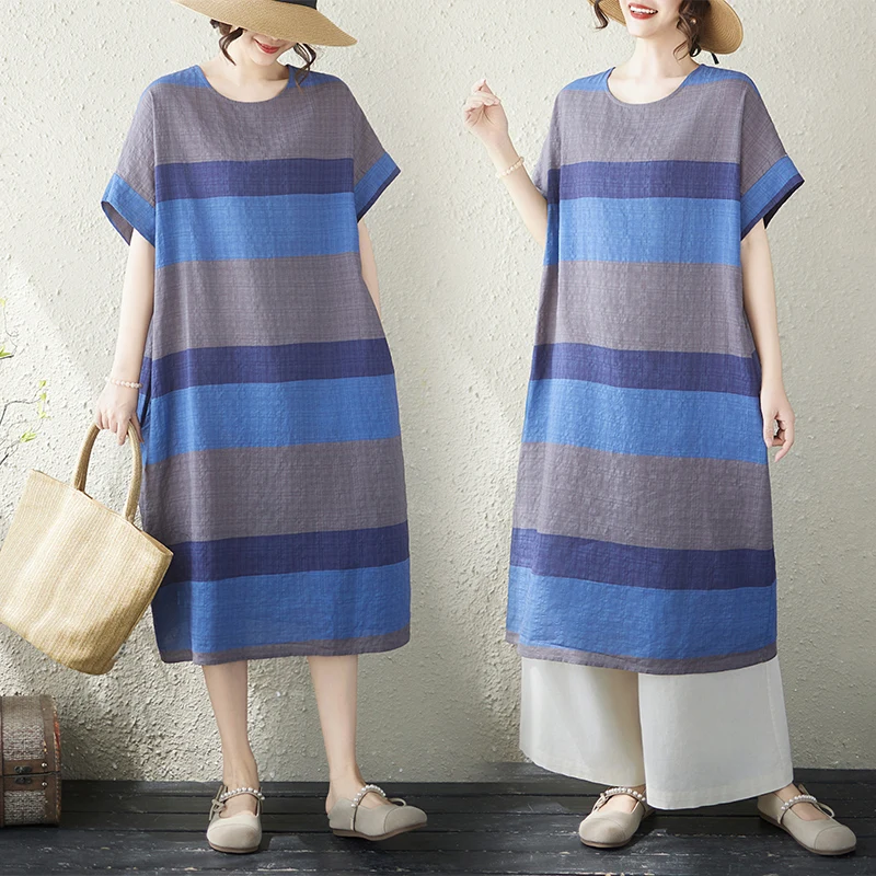 

Summer New Thin Cotton And Linen Twist Artistic Women's Knee-Length Midi Dress Short Sleeve Elegant Loose Fit Citywalk Dress
