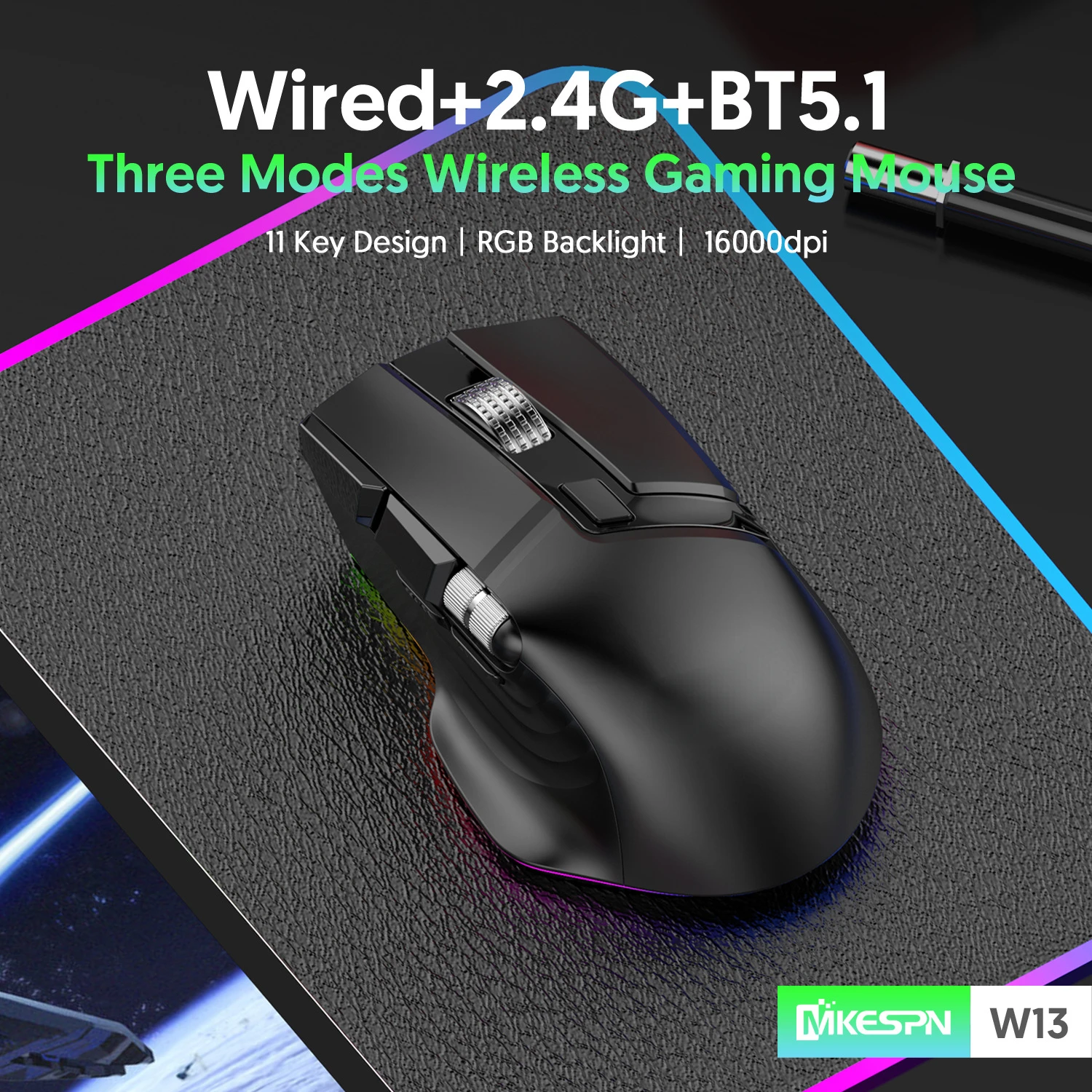 

16000 DPI Wireless Gaming Mouse Triple Mode 10 Button Double Scroll Wheel Swinging RGB Macro Definition with Anti-skid Stickers