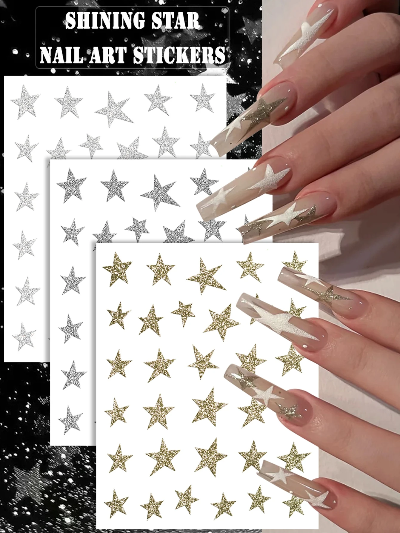 3/6 Blatt glänzende Stern-Nagelkunst-Aufkleber, Silber, Gold, glitzernde Stern-Abziehbilder, selbstklebende Nageldekorationen für Party und Urlaub