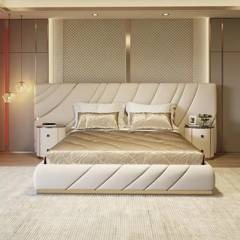 

Luxury modern light gold trimmed bed with wavy stripes upholstered platform bed