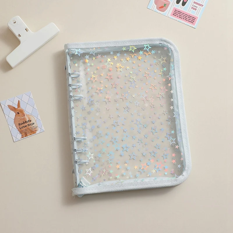 A5 Budget Binder Capa com Zíper, Shell de Notebook Recarregável, Estrelas Glitter, 6 Ring Binder Planner, PVC transparente