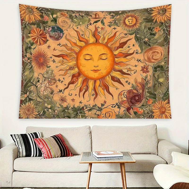 Tapiz estilo bohemio con patrones de sol, luna, girasoles y constelaciones - ideal para dormitorio, residencia o sala