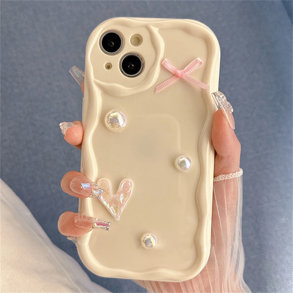 Korean Cute Laser Heart Pink Bow Cream Wave Case For iPhone 15 14 13 12 11 Pro Max Soild Color Silicone Shockproof Soft Cover