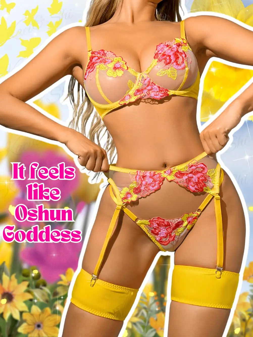 Intimo sexy Giarrettiera ricamata in rete multicolore modellante per il corpo Abito diviso Ricamo floreale, Anello in acciaio, Perizoma, Reggicalze, Intimo in 4 pezzi