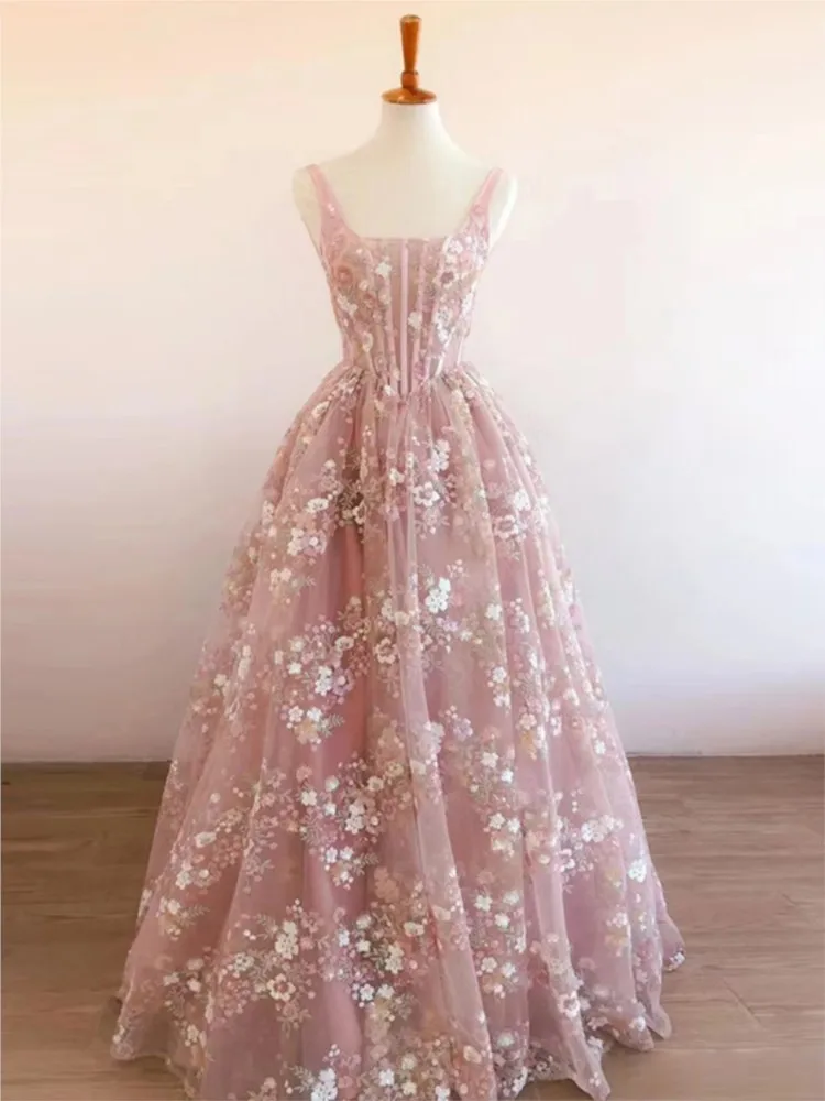 

Halter pink light luxury small flower toast birthday party host dress