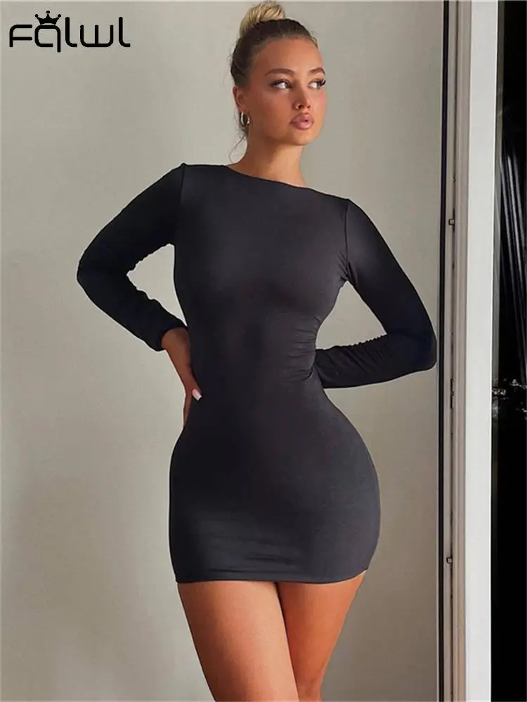 Habbris Fall Black Long Sleeve Mini Dress Party Club Outfits For Women 2023 Winter Sexy Bodycon Booty Short Dress Backless Dress