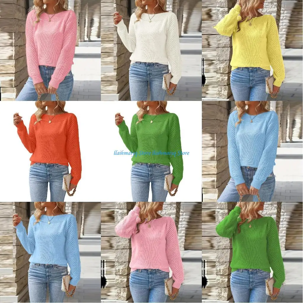 

573B Повседневный элегантный женский вязаный крючком свитер с вырезом и длинными рукавами, пуловер в рубчик с круглым вырезом,