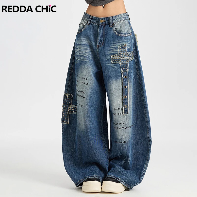 

REDDACHiC Stitch Raw Edge Cross Barrel Jeans Retro Distressed Whiskers Graphic Wide Leg High Waist Baggy Pants Women Streetwear