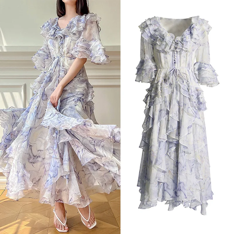 

Romantic French Vacation Style 2024 Summer New V-neck Flare Sleeve Rope Waist Long Ruffle Edge Dress summer dress dresses