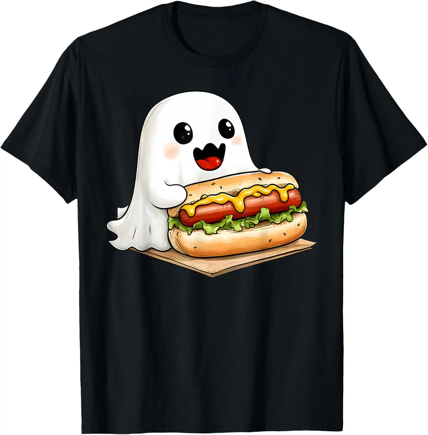 Cute Ghost Eating Hotdog Food Meme Hungry Funnny Halloween T-Shirt 100% Cotton Trendy Y2K Short-Sleeve Tee – Soft, Quick-Drying,