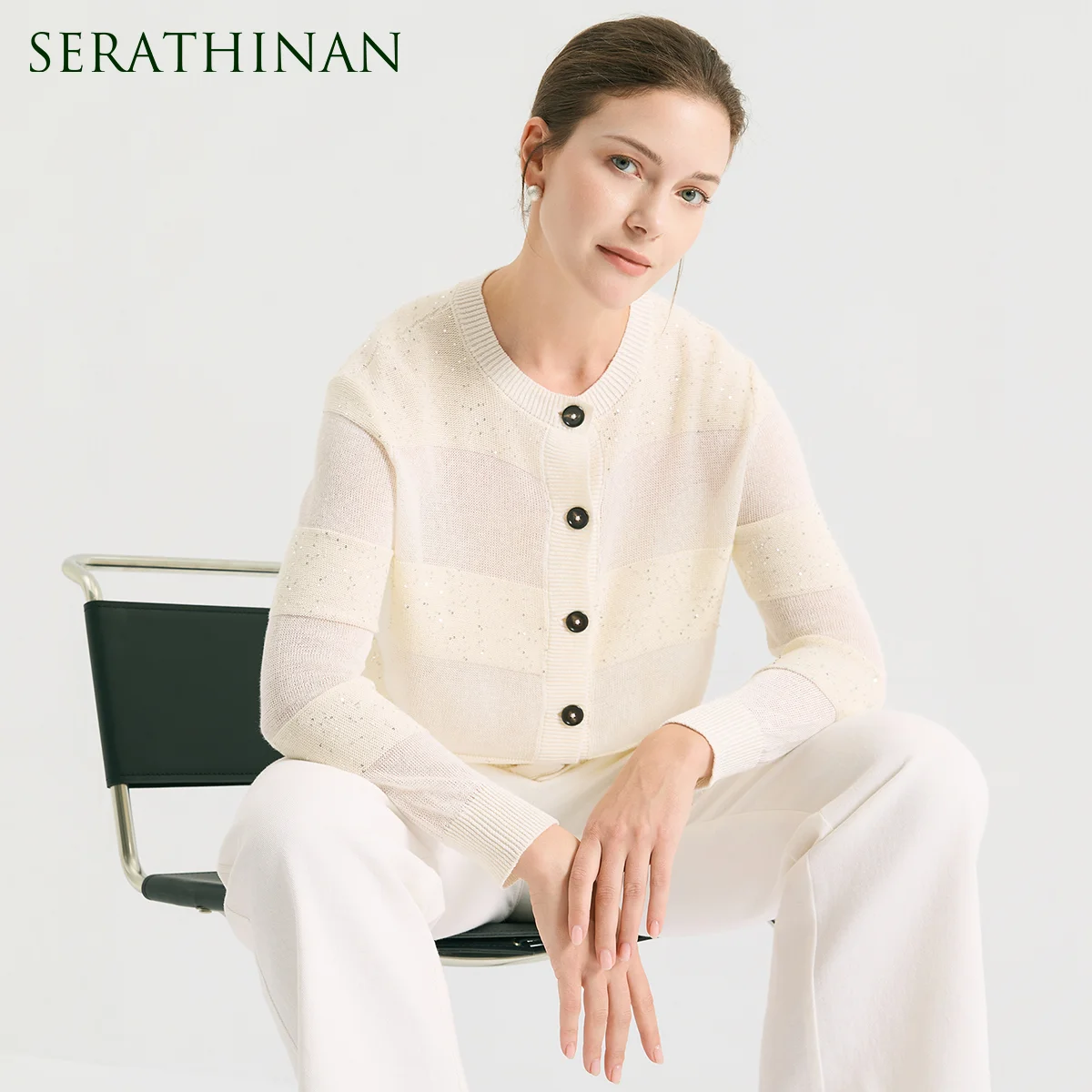 

BD4611453 Роскошный кардиган из 100% льняной ткани с пайетками, длинными рукавами, на пуговицах, с круглым вырезом, повседневный топ