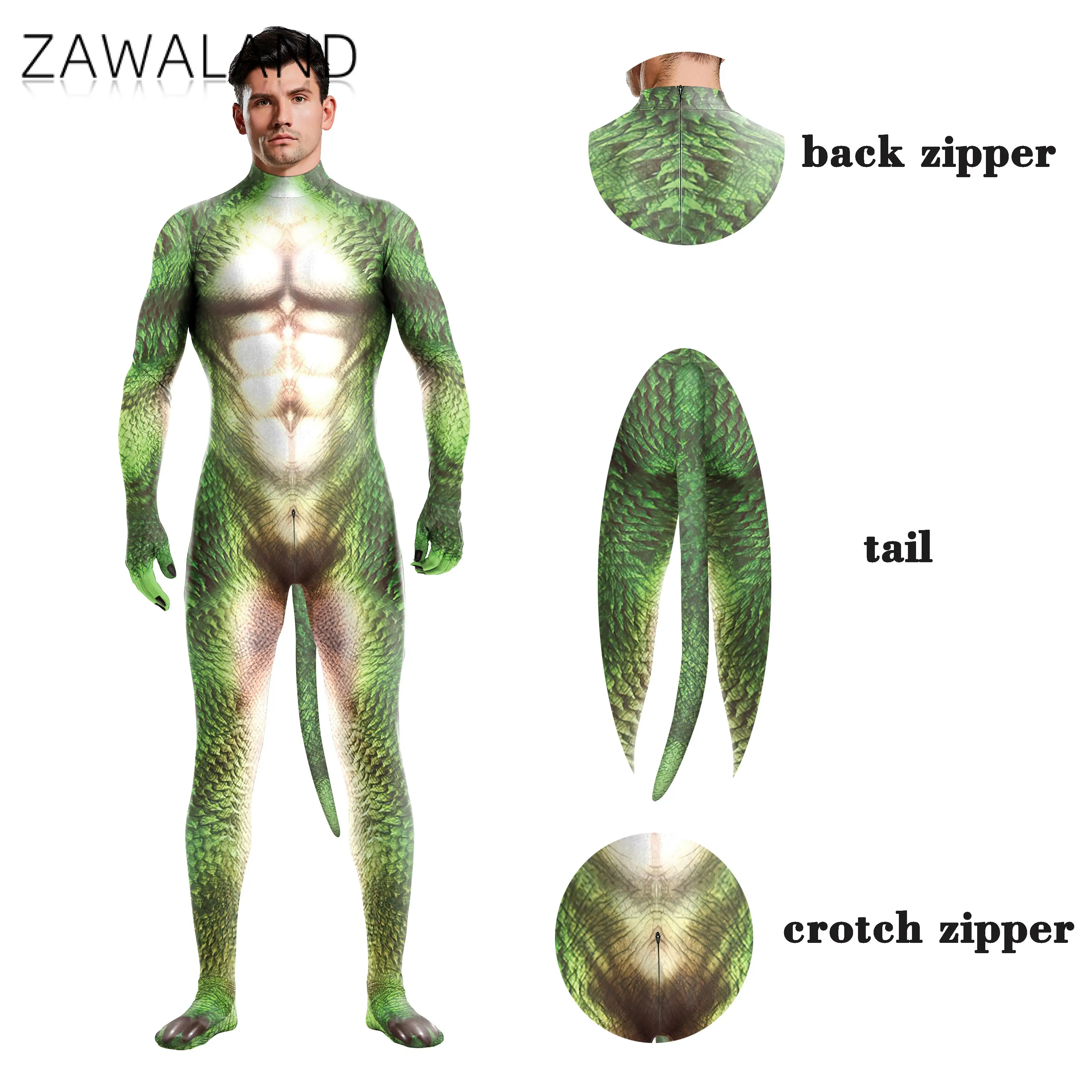 Zawaland erkekler 3D timsah doku baskılı hayvan Cosplay kostüm Bodysuit kuyruk kasık fermuarlı tulumlar Catsuit Zentai takım elbise