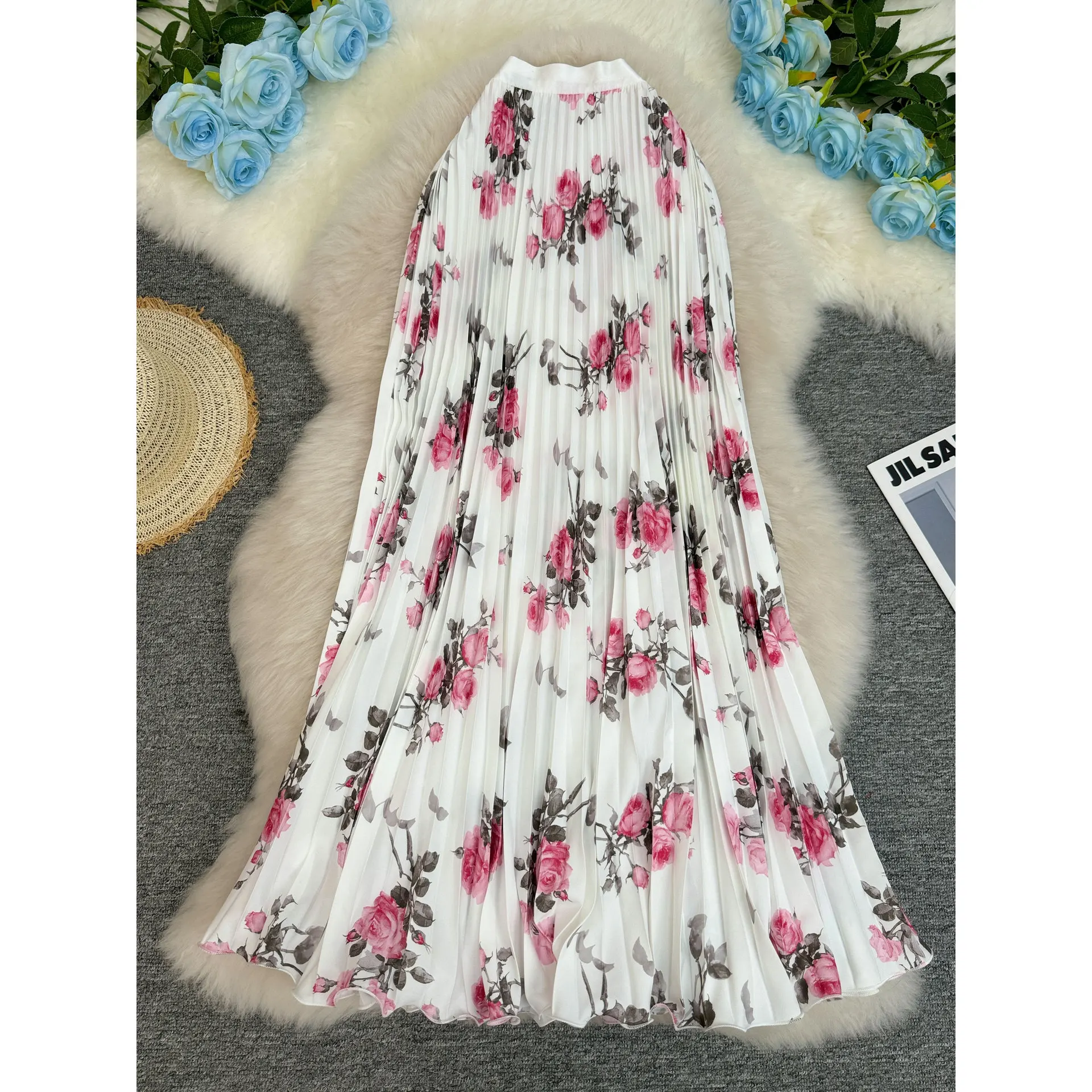 

Ele Retro Print Long A-Line Skirt Women's High Waist Polyester Knitted Thin Summer Season Versatile Waist Cinching Skirt