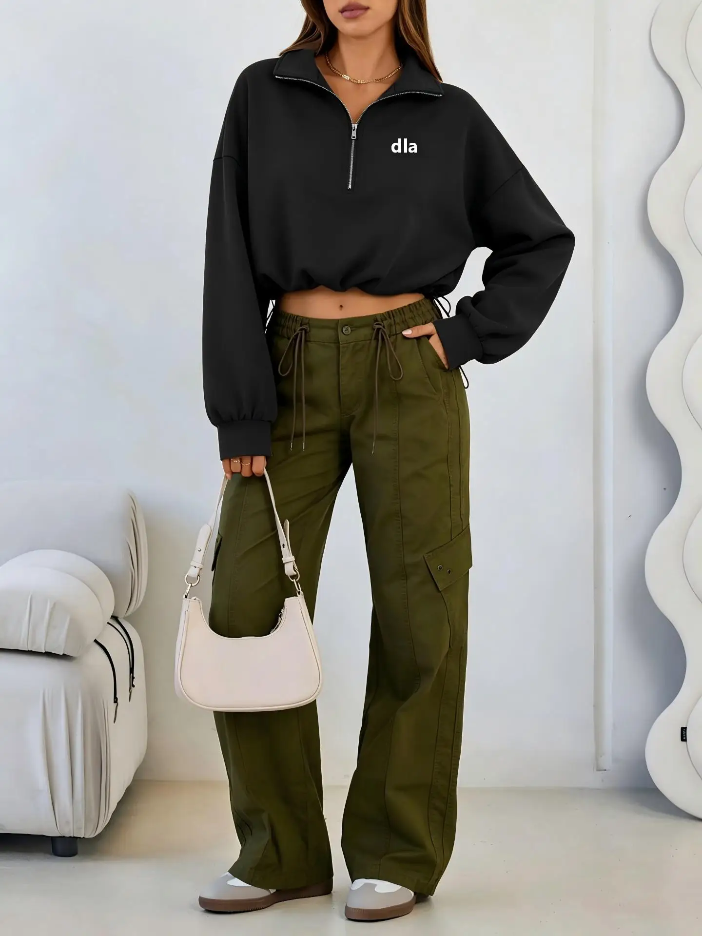 2026 Women's Solid Color Half-Zip Collar Short Sleeve Sweatshirt with Loose Fit and Adjustable Waist for Fitness Clothing