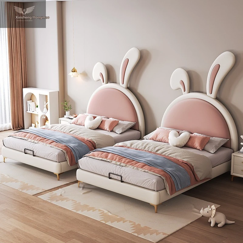 Modern Minimalist Luxury Rabbit-Themed Leather Children's Bed - Girls' Princess Bed with Storage for Small Spaces