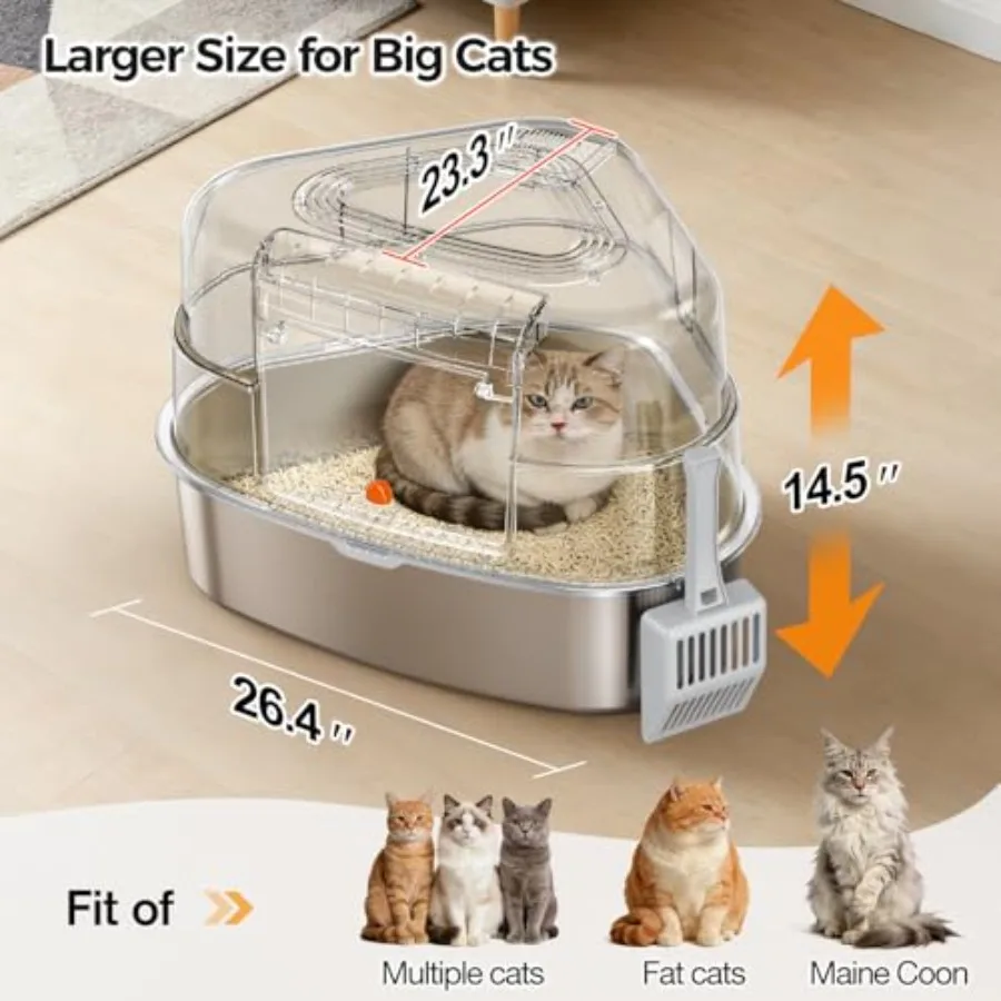 XXL Stainless Steel Corner Cat Litter Box with Lid - Sturdy No Odor Space-Saving Hidden Design for Large Cats view 5