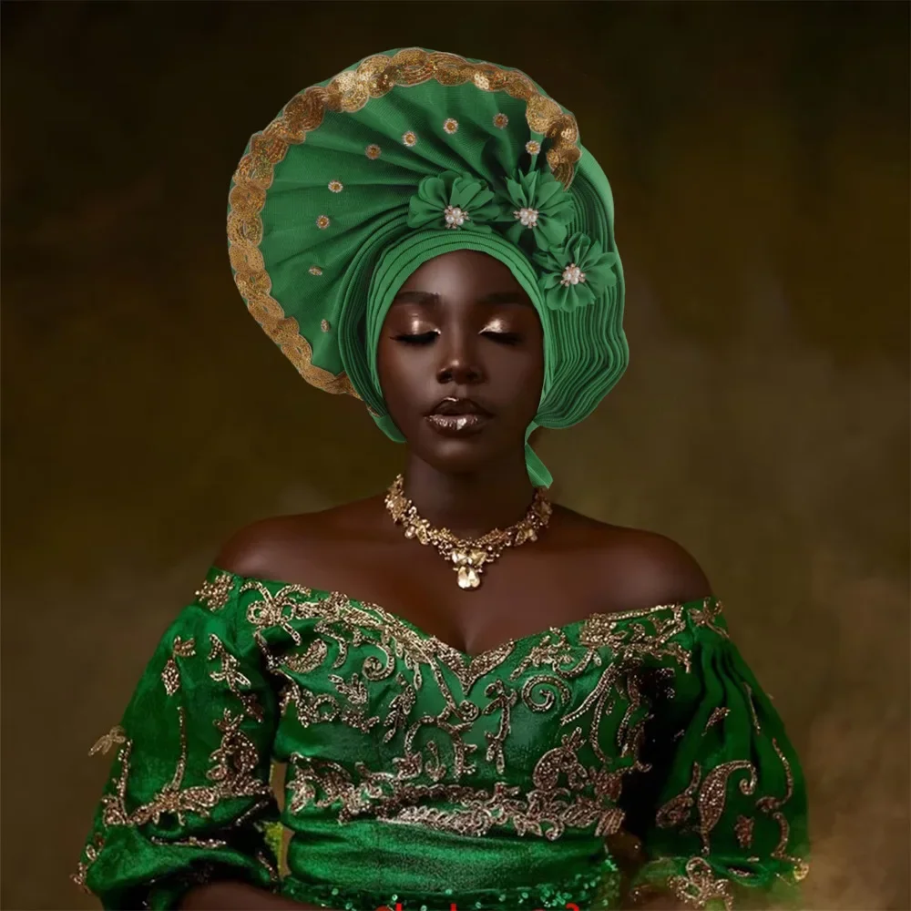 2024 elegante africano autogele feminino turbante boné casamento gele pronto para usar headtie com lantejoulas festa à noite headwear