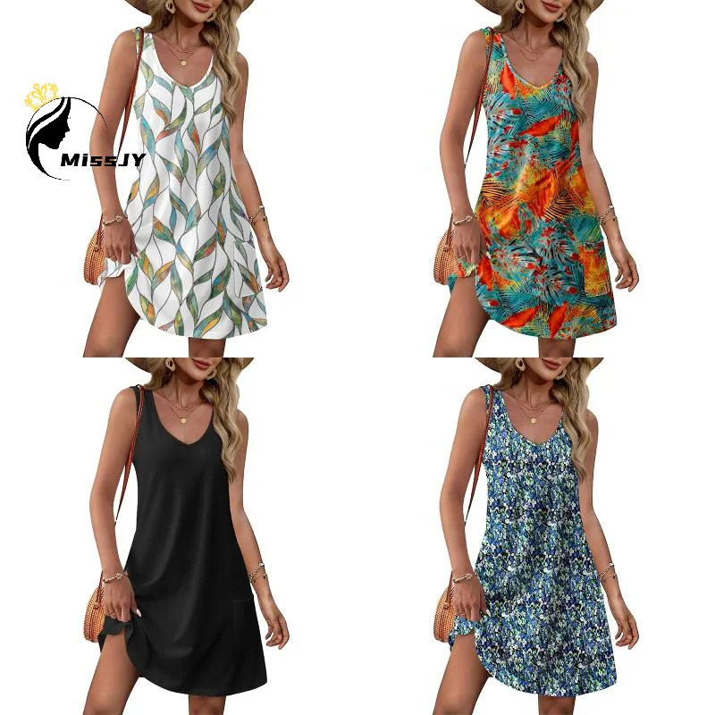 Letnia Nowa Sukienka Bez Rękawów z Kwiatowym Nadrukiem, Okrągłym Dekoltem, Kieszeniami, Długości Midi, Modna Odzież Damska