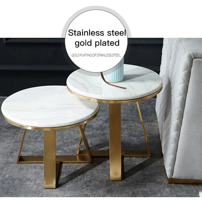 Golden Service Small Sofa Side Table Modern Luxury A Set Of 2 Mini Marble Round Desk For Coffee Shop Gold Plated Stainless Steel