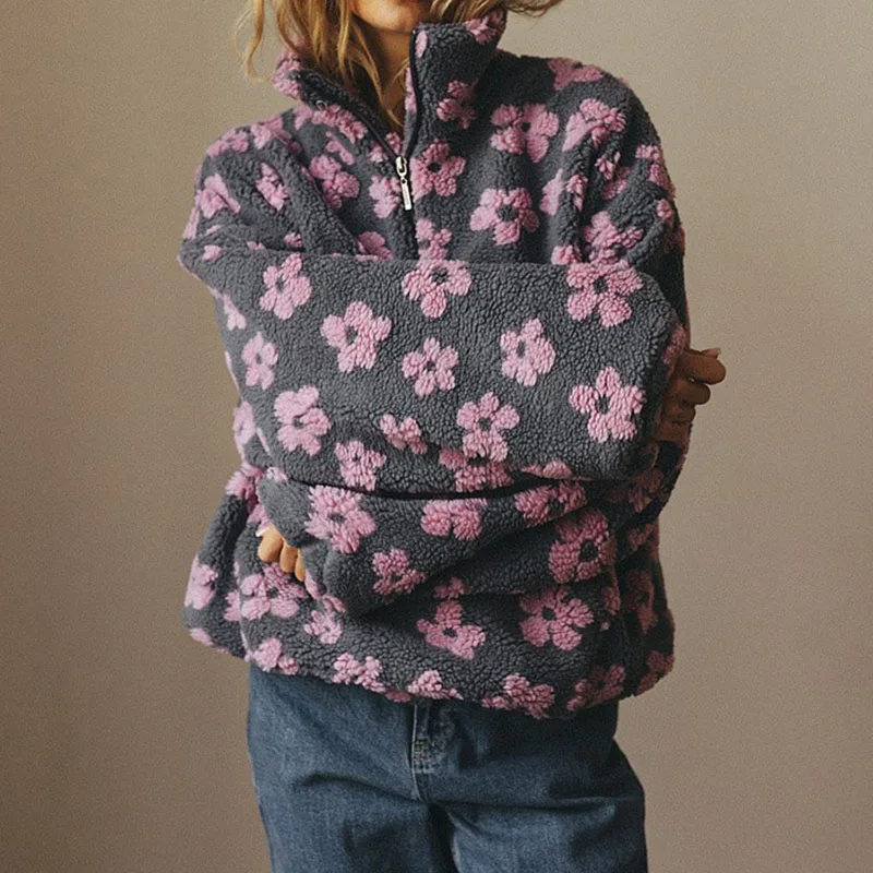 Leisure Floral Printed Loose Commute Pullovers Elegant Lady Stand Collar Zipper Tops 2025 Autumn Winter Long Sleeve Sweater Tops