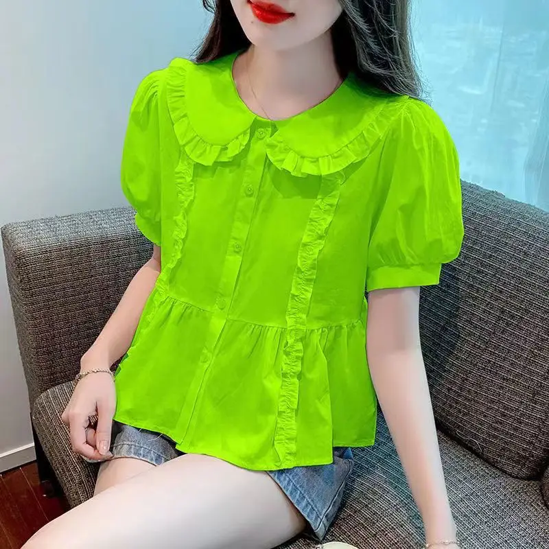 

Doll Neck Short-sleeved Chiffon Shirt Summer 2025 New Loose Belly Covering Age Reduction French Style