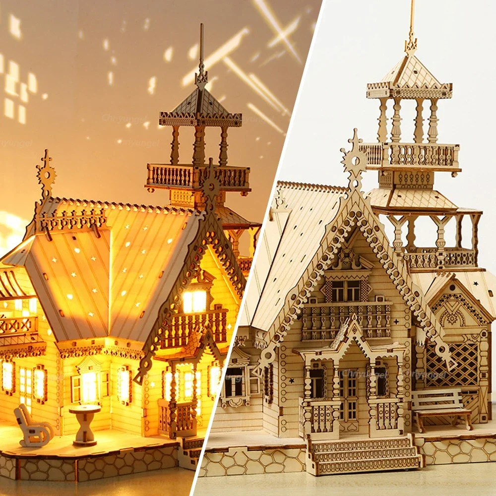 DIY Villa 3D Houten Model Kit met Licht Kasteel Puzzels Montage Speelgoed Kind Volwassen DIY Model Kits Bureau Decoratie voor Cadeau