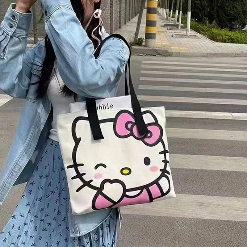 Kawaii Hello Kitty Canvas Bag Anime Sanrio Cute Student Outdoor Cosmetics Cartoon Handbag Book Storage Bag Toys Girls Gifts