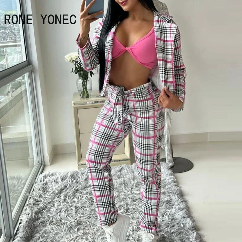 Women Elegant Plaid Print Short Blazer Coat & Drawstring Pants Set Women Working Two Pieces Set