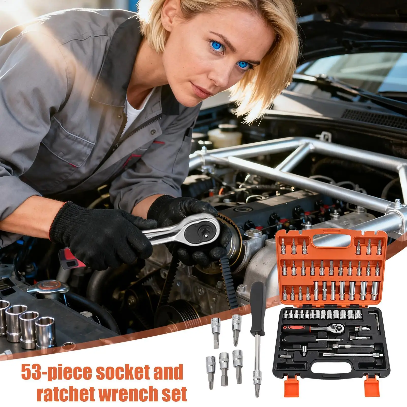 

Набор торцевых головок с храповым механизмом и футляром для хранения, 53 шт., гаечный ключ из углеродистой стали, торцевой ключ для авторемонта, конструкции ремонта автомобиля