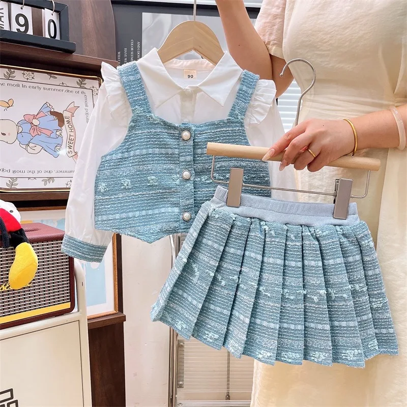 

Girls Set 2025 Autumn Spring Fashion Trendy Patchwork Ruffles Shirt Spaghetti-strap Pleated Skirt Three Piece Set