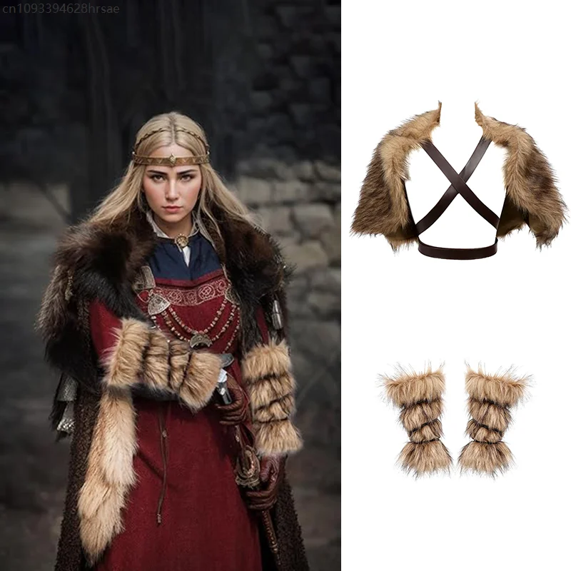 Medieval Costume Accessories Viking Shawl Quality Faux Fur Wrap Sleeve Cover Leg Covers Cosplay Costume Adjustable Lace Up Cloak