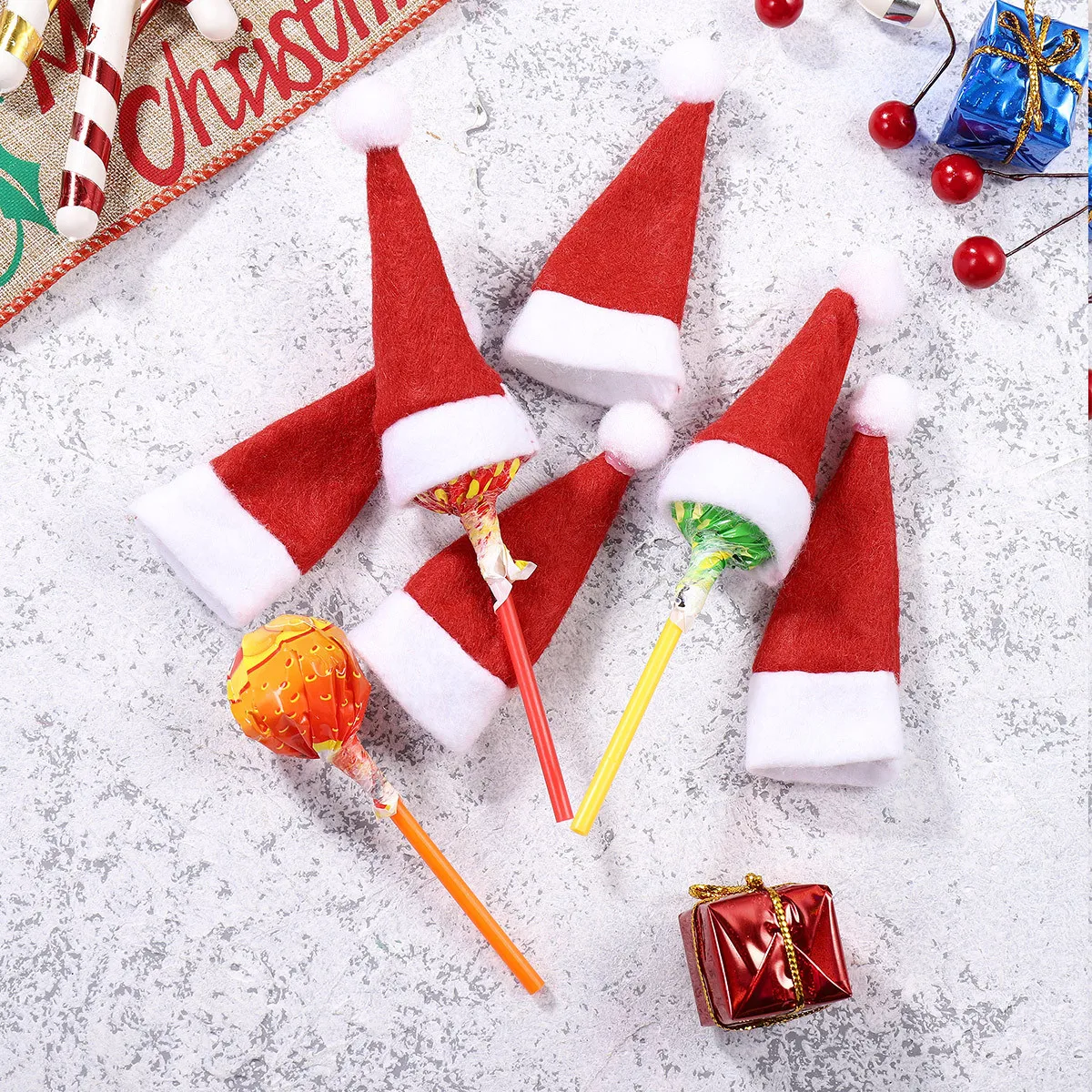 

24Pcs Mini Christmas Hats for Lollipop Nonwoven Candy Decor Festive Party Supplies Reusable Holiday Accessories