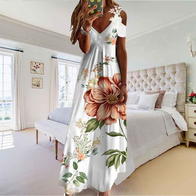 Damska Letnia Sukienka Codzienna Długa Ażurowa Krótki Rękaw Linia A Długość Plażowa Boho Impreza Eleganckie Sukienki