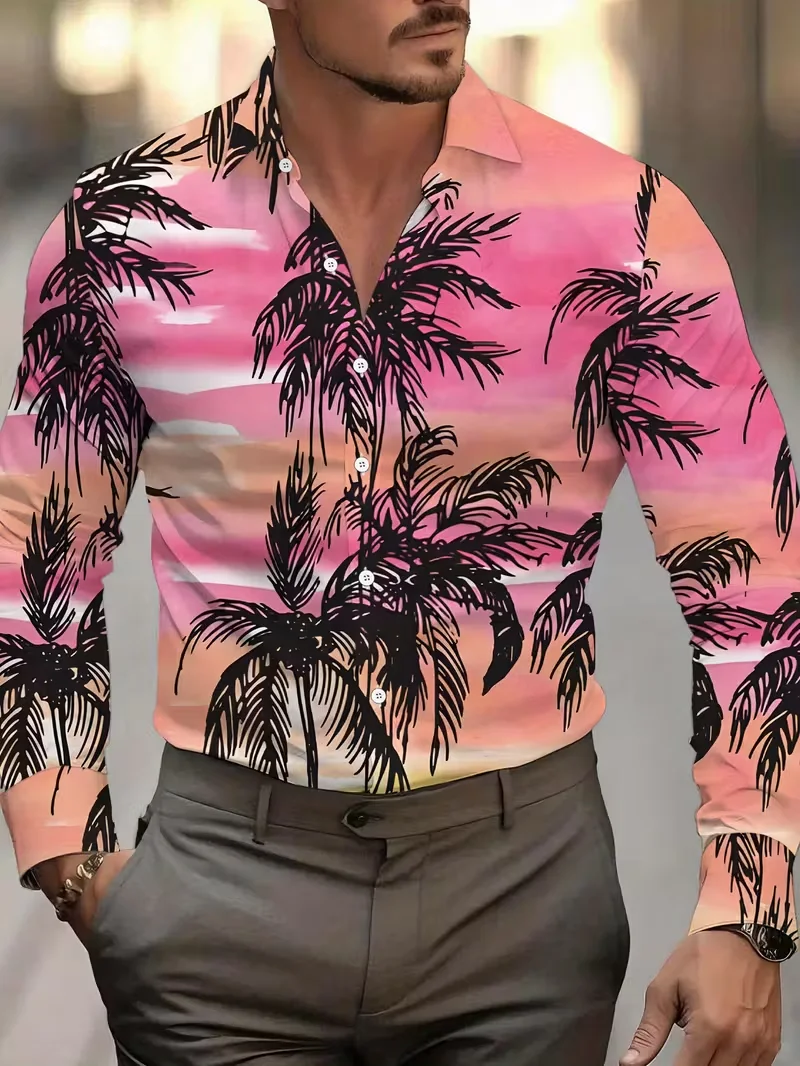 

Мужская рубашка с длинными рукавами в гавайском стиле, рубашка с принтом в полоску кокосовой пальмы, модная рубашка, мужская повседневная рубашка