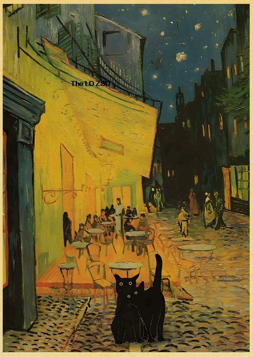 ملصق قطط رقمي لطيف ، مطبوعات ورق كرافت ، غرفة منزلية برسوم كرتونية ذاتية الصنع ، مقهى وجدار قراءة دب عتيق ، لوحة جمالية حية #6