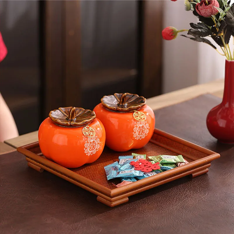 Chinese Traditional Wedding Persimmon Shape Ceramic Candy Jar, Tea Canister, Multipurpose Porcelain Storage Jars, Home Decor G