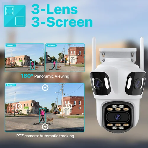 Imagen 2 del producto Cámara IP PTZ de tres lentes para exteriores, videocámara de seguridad 6K HD con tres pantallas, WiFi, seguimiento automático, 4K, lente Dual, inalámbrica, CCTV, iCsee