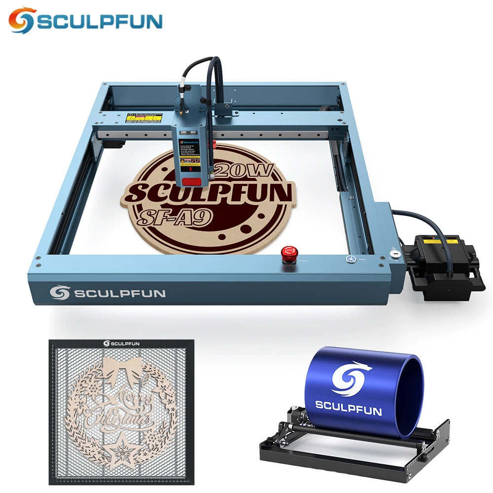 

SCULPFUN SF-A9 20W Laser Engraver Laser Cutter with Air Assist Higher Accuracy Laser Engraving Machine with Roller and Honeycomb